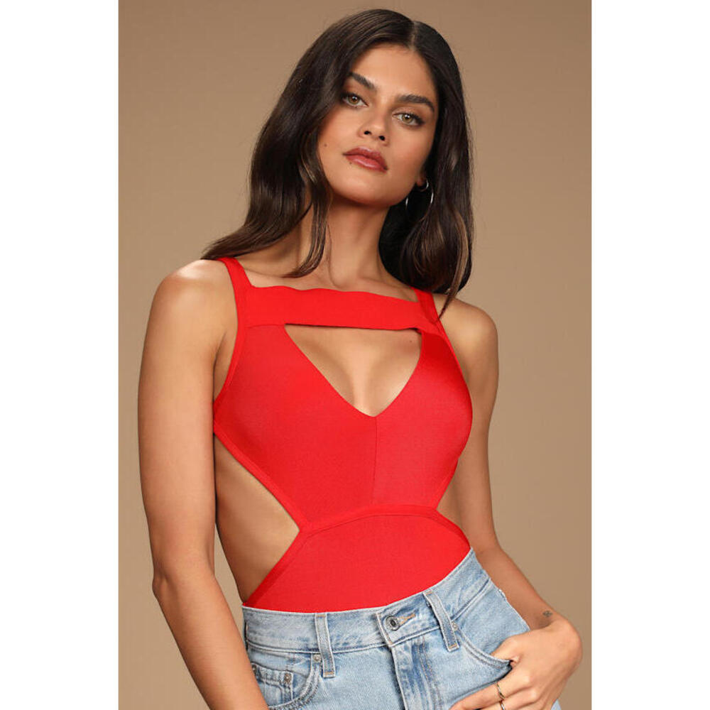 Lulus Cut The Rest Red Cutout Bandage Backless Bodysuit - Size M